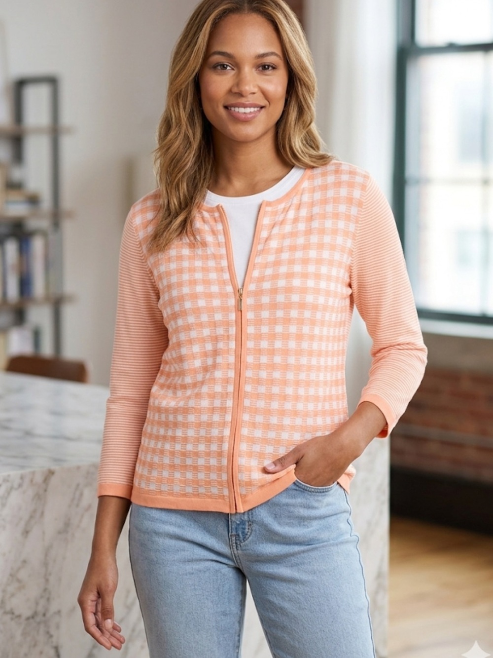 Jones New York Peach Gingham Zip Cardigan Sweater stripes large cottagecore